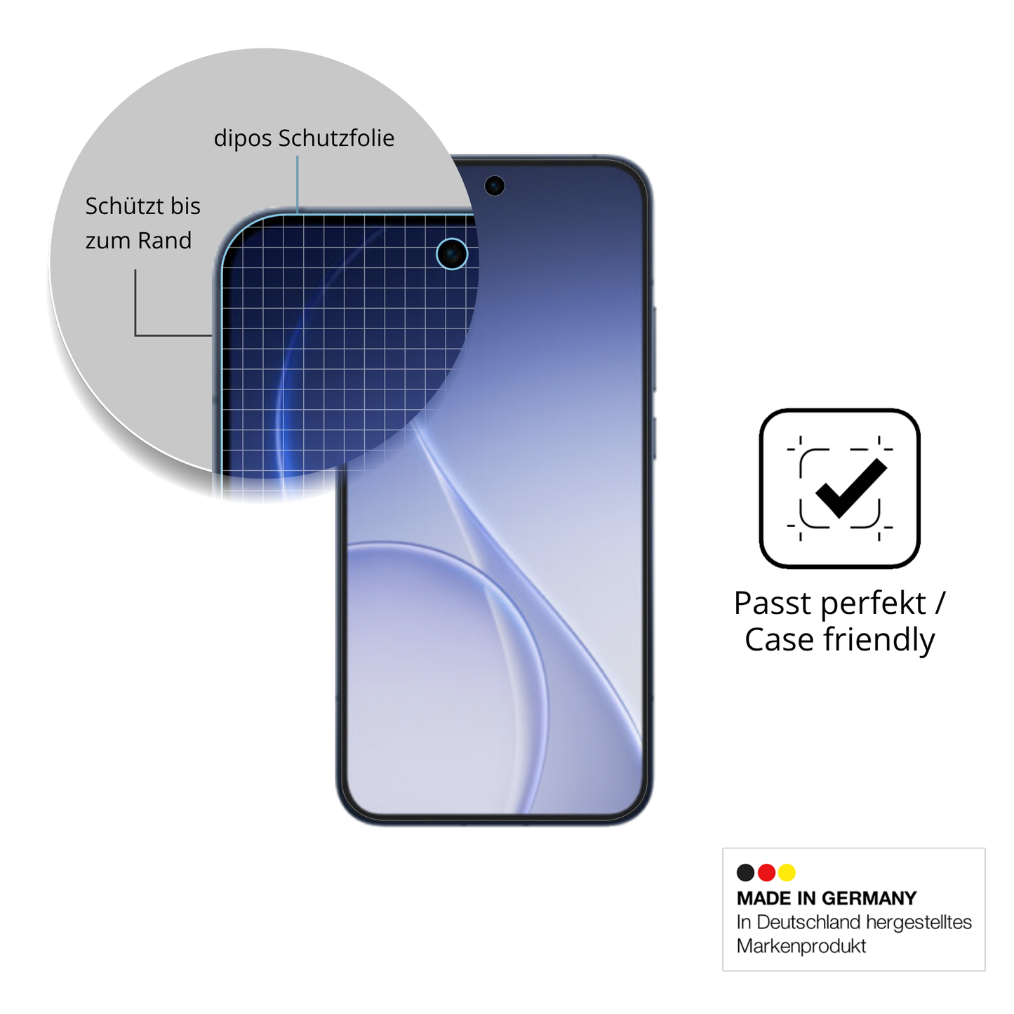 Schutzglasfolie mit optimaler Passform, zur Verwendung mit Hüllen geeignet