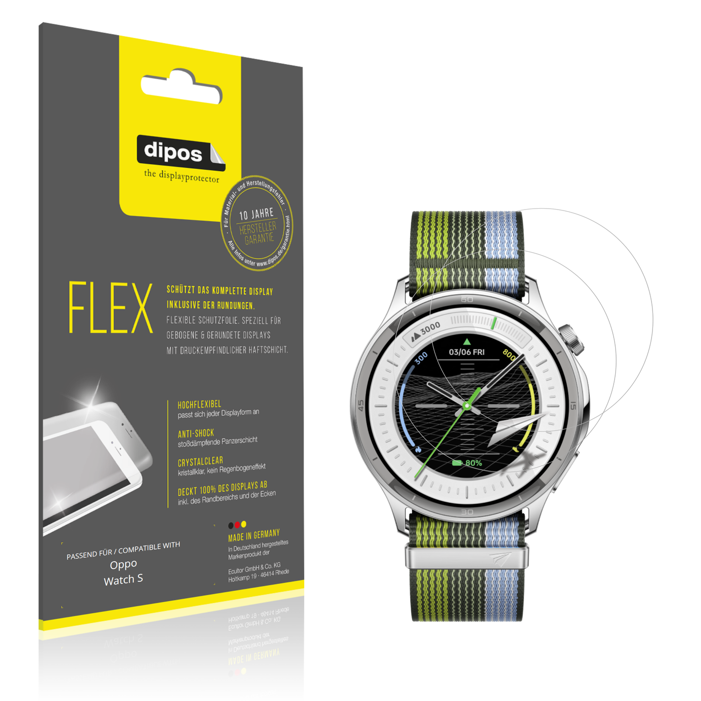 Klare Displayschutzfolie von dipos passend für Oppo Watch S, 100% Displayabdeckung und blasenfreie Montage