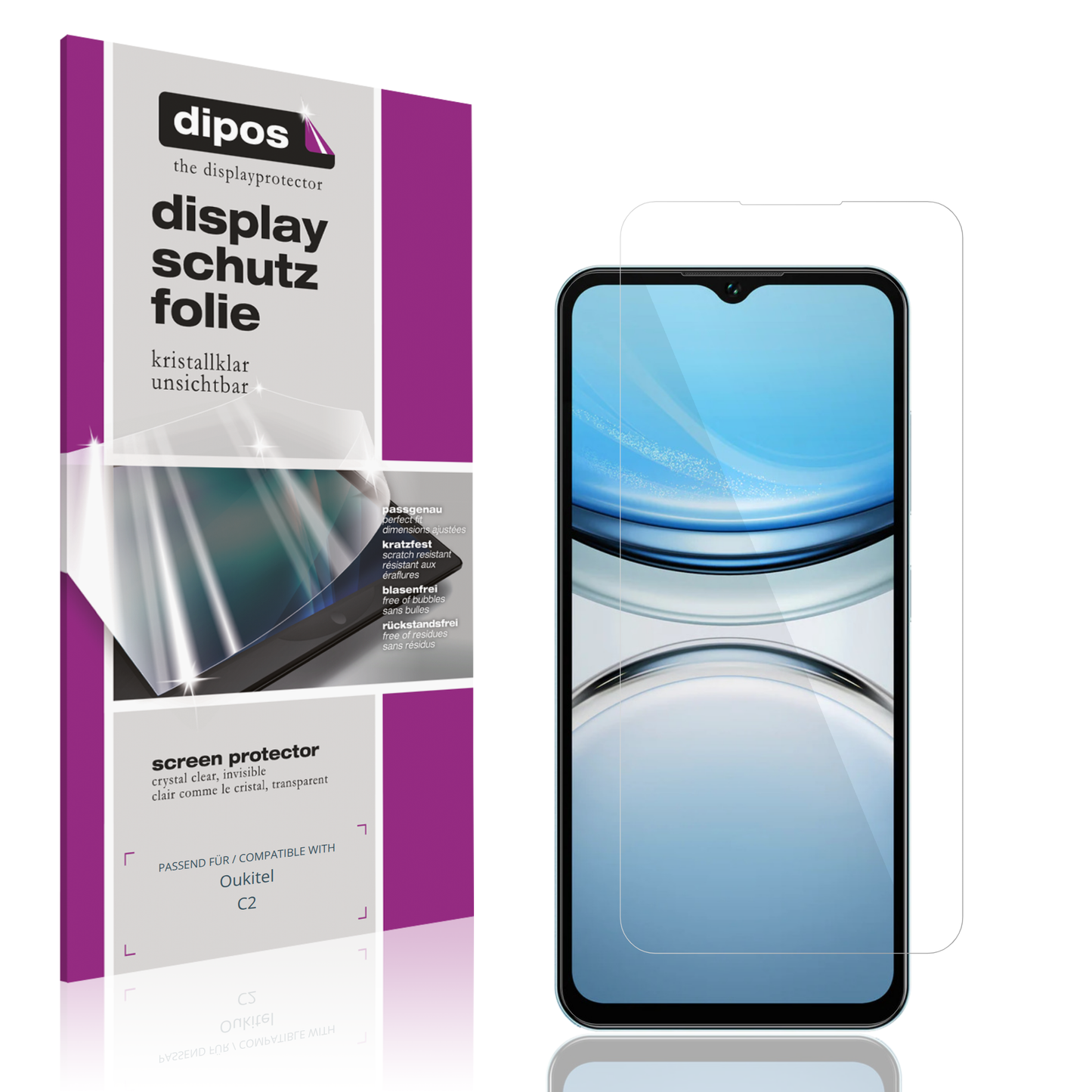 Klare Displayschutzfolie von dipos passend für Oukitel C2, präziser Zuschnitt und blasenfrei montiert