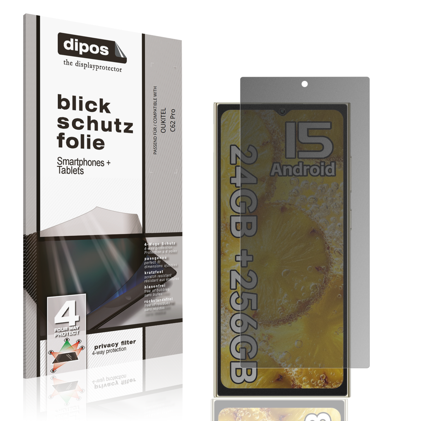 Blickschutzfolie von dipos passend für OUKITEL C62 Pro, präziser Zuschnitt und blasenfrei montiert