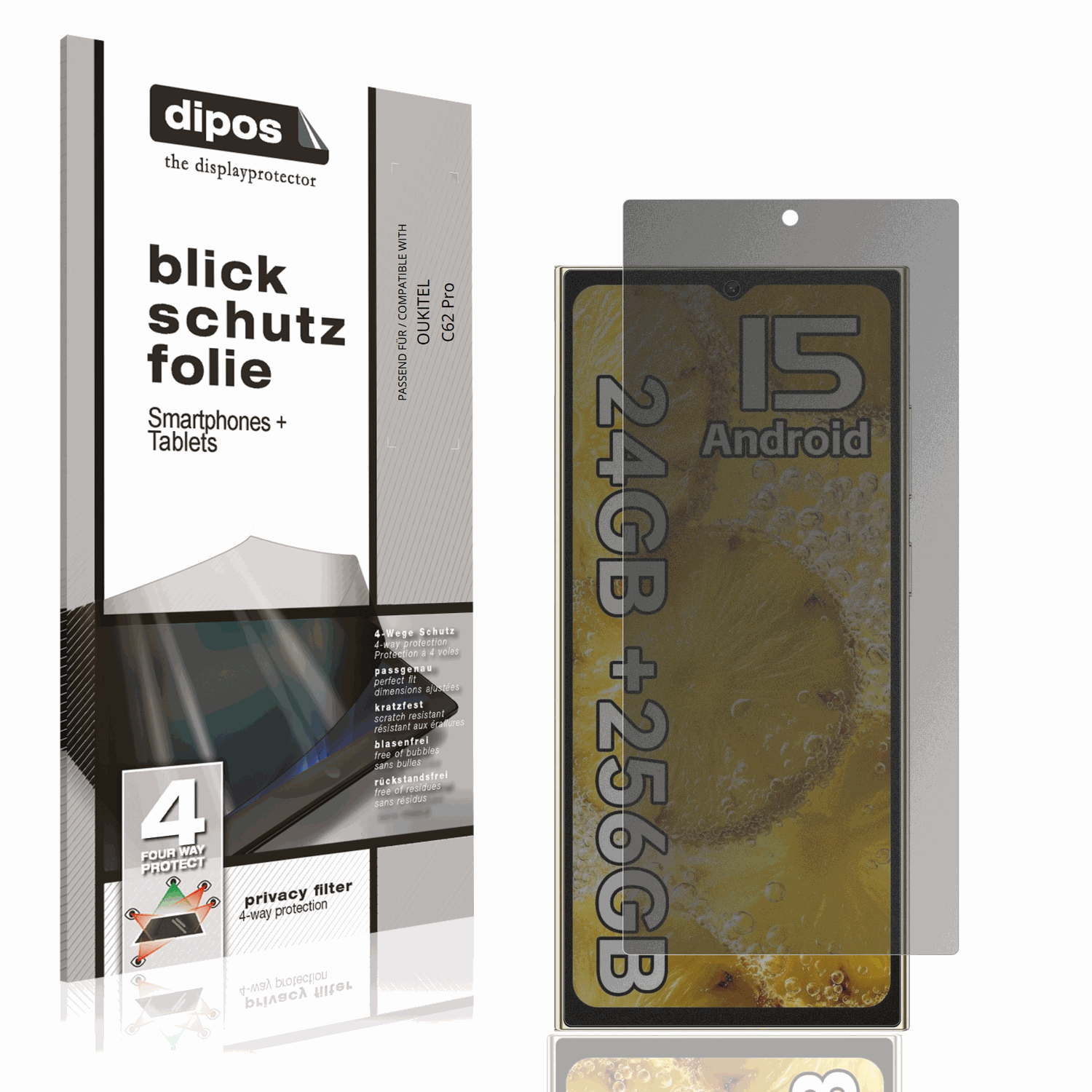 Blickschutzfolie von dipos passend für OUKITEL C62 Pro, präziser Zuschnitt und blasenfrei montiert