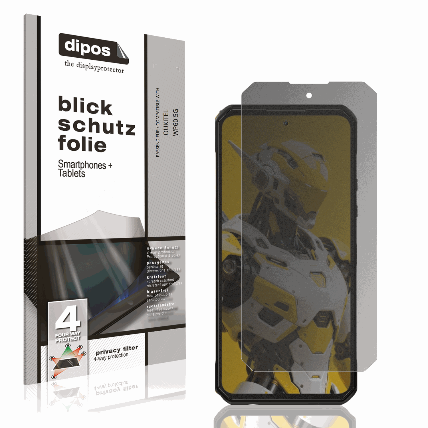 Blickschutzfolie von dipos passend für OUKITEL WP60 5G, präziser Zuschnitt und blasenfrei montiert
