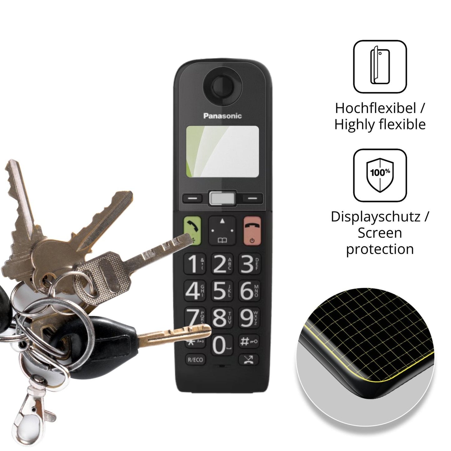 dipos Displayschutz für Panasonic KX-TGU130, transparente Oberfläche, perfekte Passform auch für die Rundungen