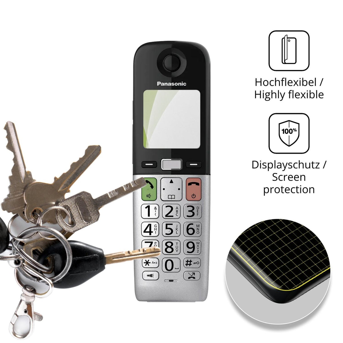dipos Displayschutz für Panasonic KX-TGU432, transparente Oberfläche, perfekte Passform auch für die Rundungen