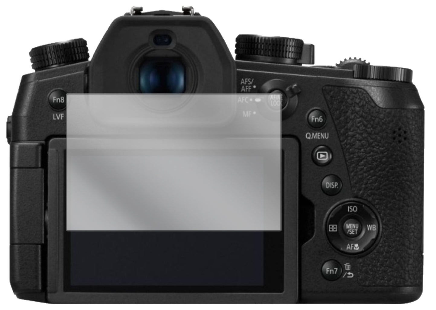 PanasonicLumix DC-FZ1000 II mit aufgebrachter dipos Displayschutzfolie, glasklare Darstellung ohne Einschränkungen