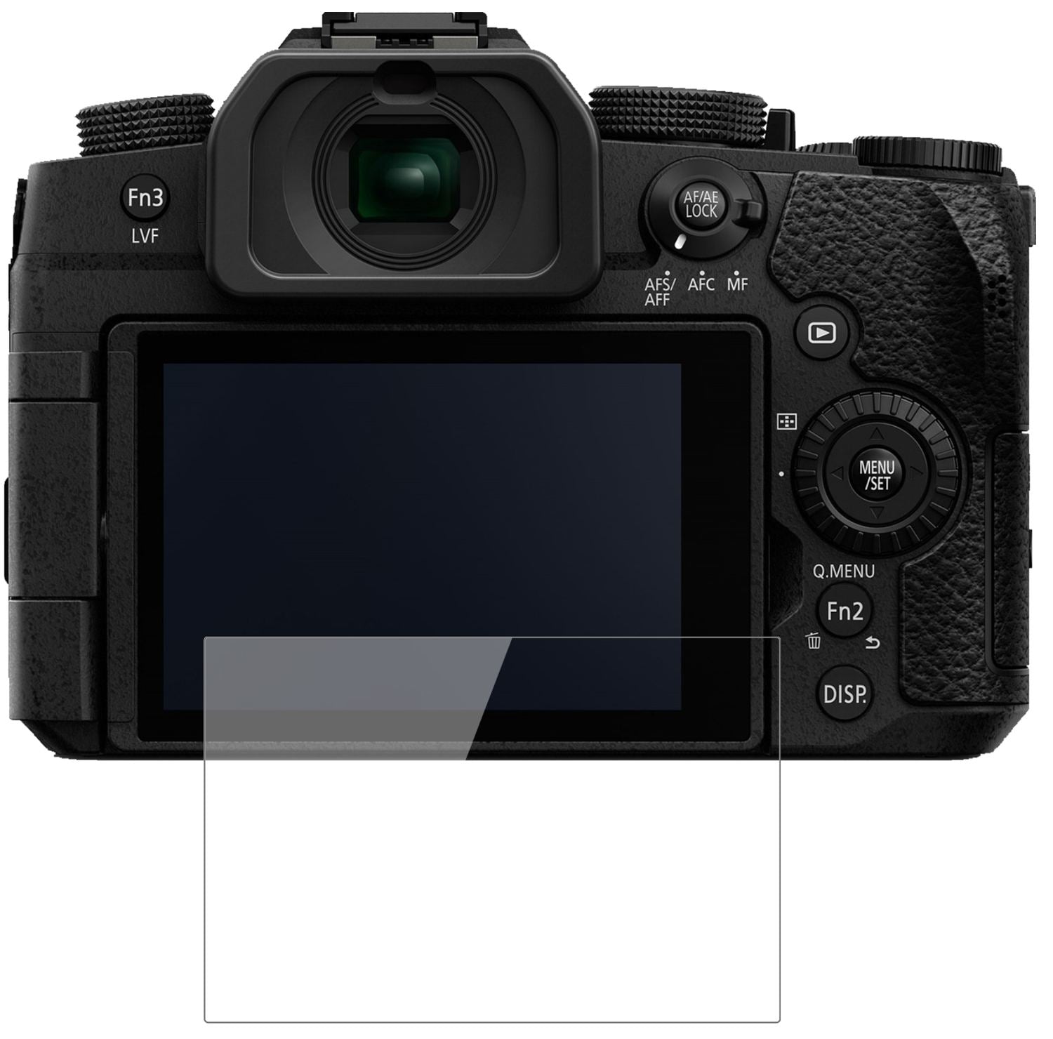 PanasonicLumix DC-G91 mit aufgebrachter dipos Flex Schutzfolie, glasklare Darstellung ohne Einschränkungen