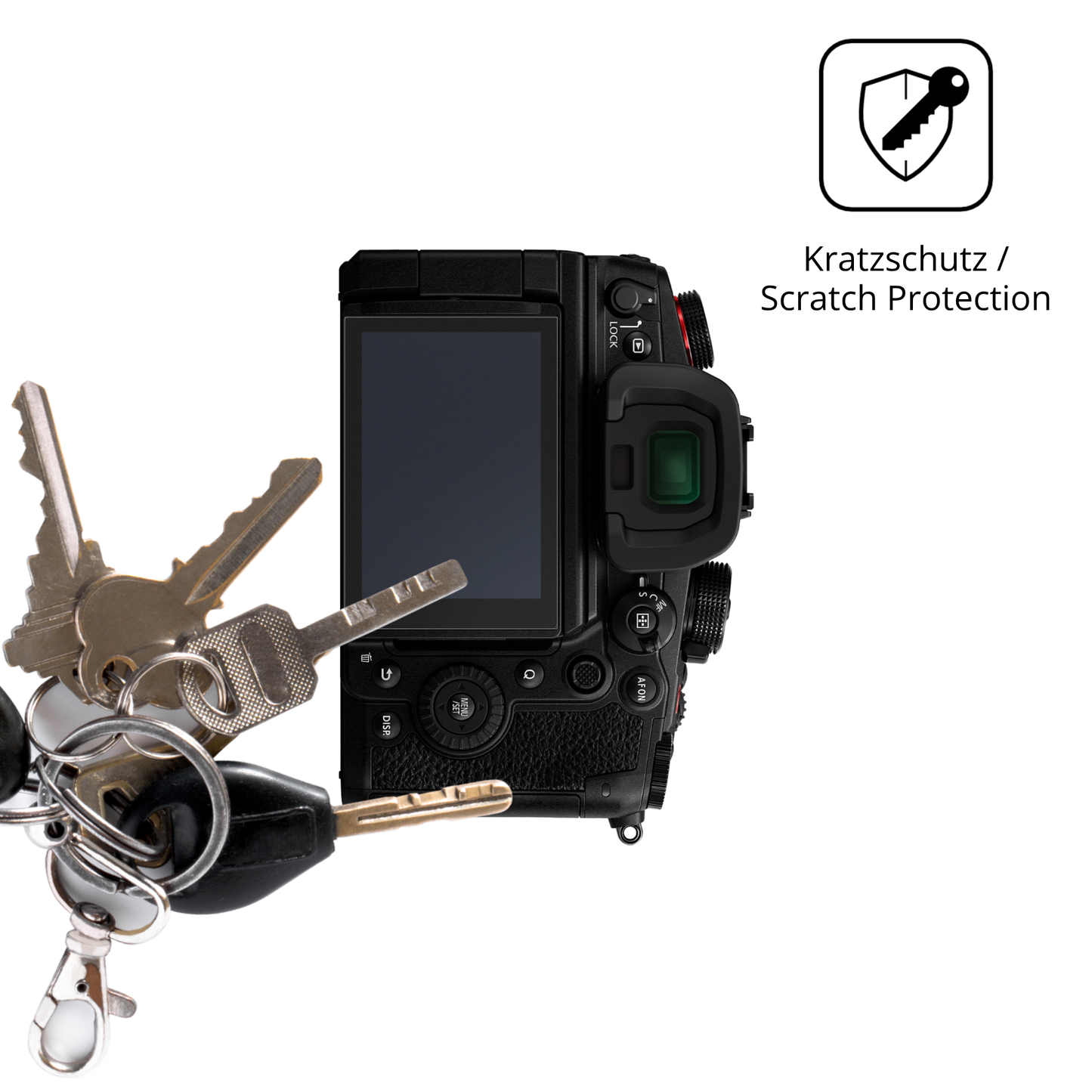 Schutz gegen Kratzer auf dem Panasonic Lumix DC-GH6 Glas durch Schlüssel oder Ähnliches