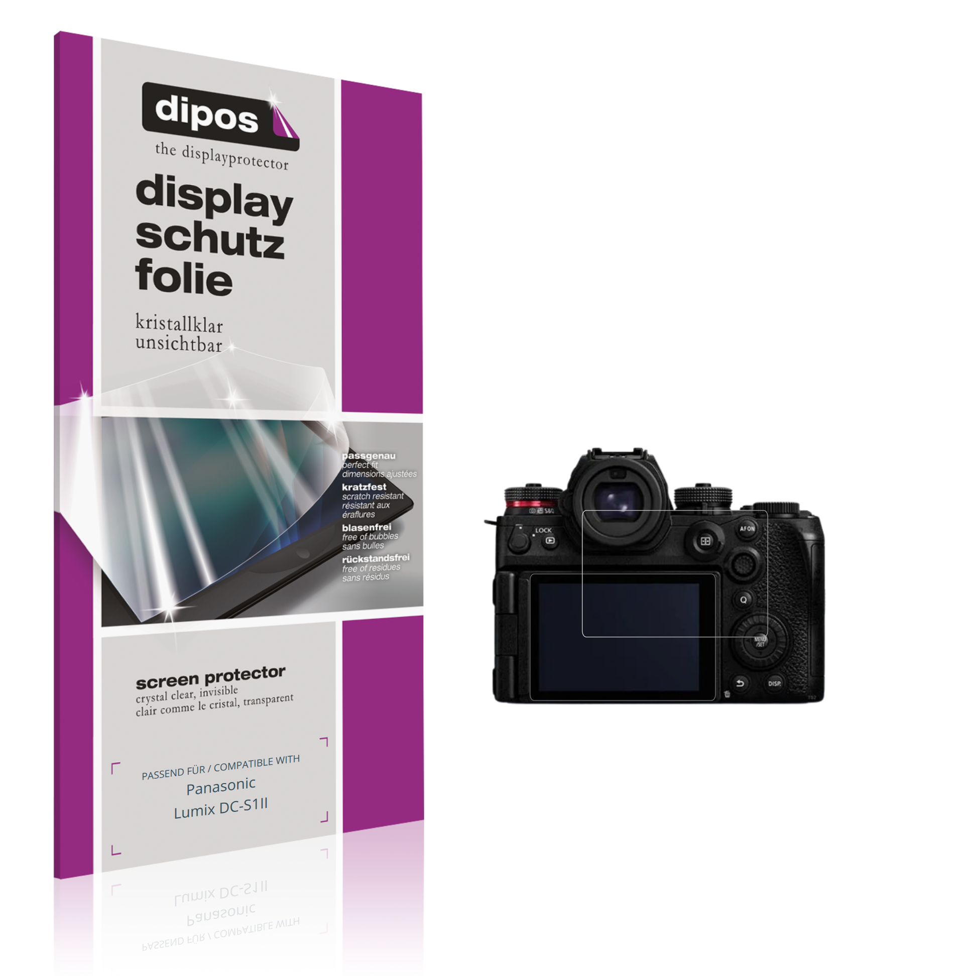 Klare Displayschutzfolie von dipos passend für Panasonic Lumix DC-S1II, präziser Zuschnitt und blasenfrei montiert