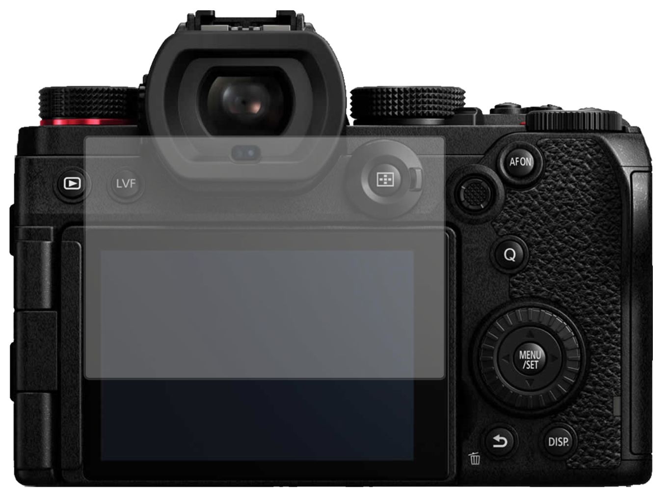 PanasonicLumix DC-S5 mit aufgebrachter dipos Displayschutzfolie, die lästige Fingerabdrücke minimiert