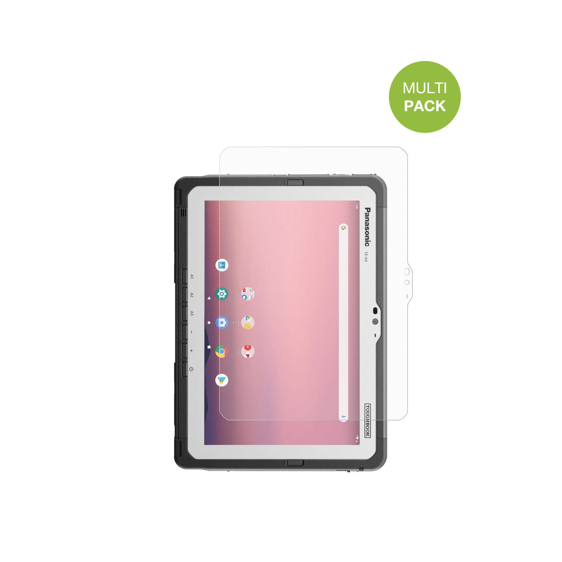 PanasonicToughpad FZ-A3 mit aufgebrachter dipos Displayschutzfolie, die lästige Fingerabdrücke minimiert