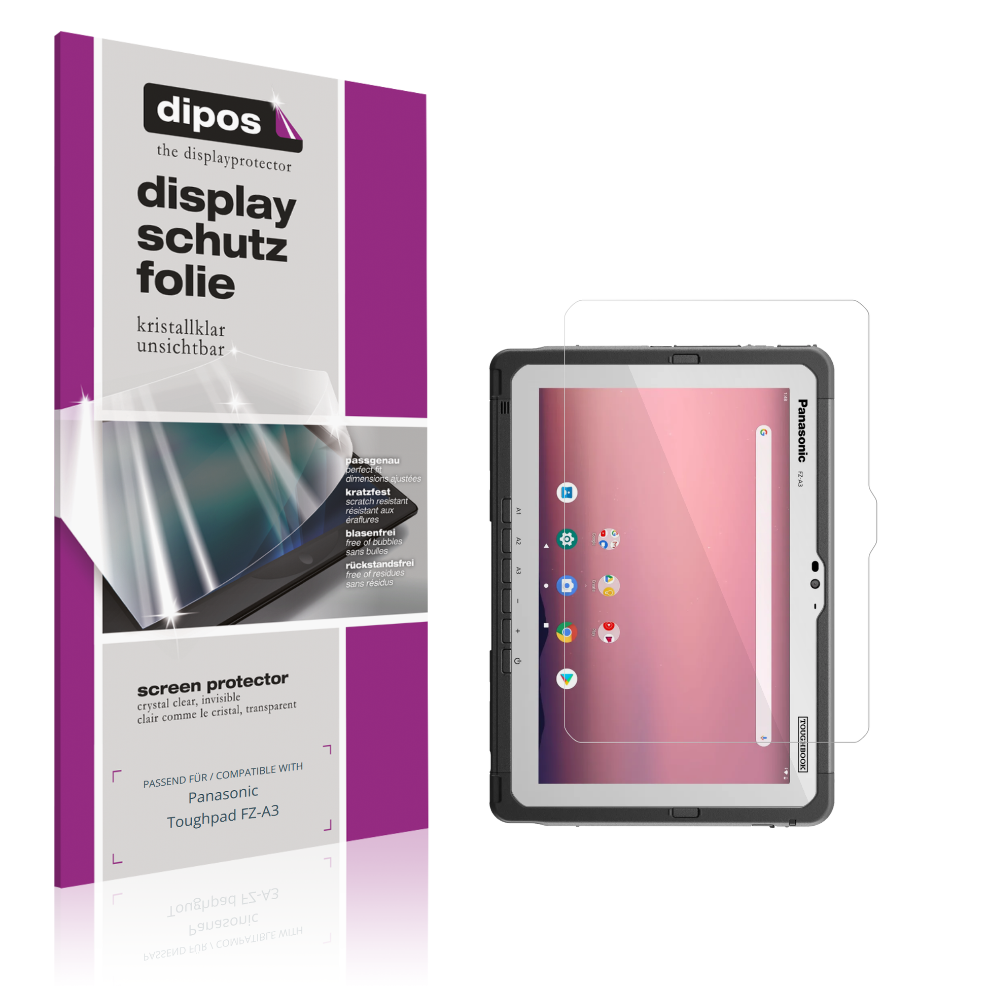 Klare Displayschutzfolie von dipos passend für Panasonic Toughpad FZ-A3, präziser Zuschnitt und blasenfrei montiert