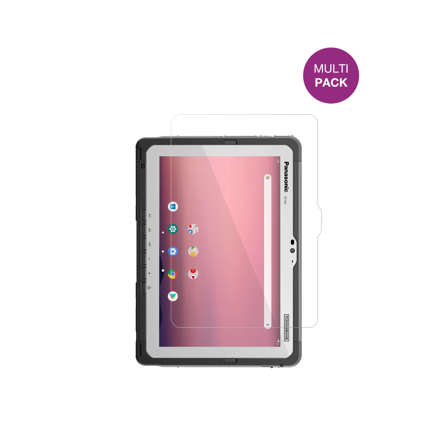 PanasonicToughpad FZ-A3 mit aufgebrachter dipos Displayschutzfolie, glasklare Darstellung ohne Einschränkungen