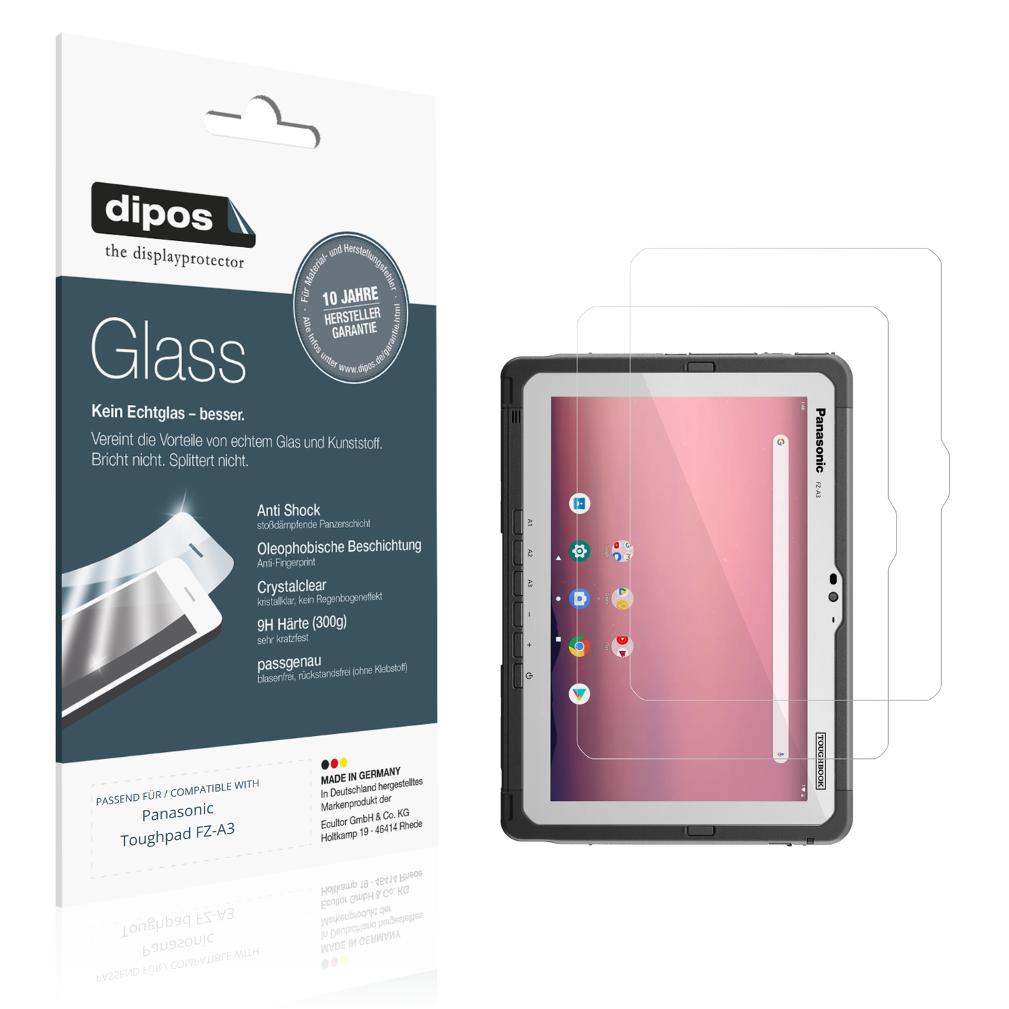 Klare Displayschutzfolie von dipos passend für Panasonic Toughpad FZ-A3, 9H kratzfest und blasenfrei montiert