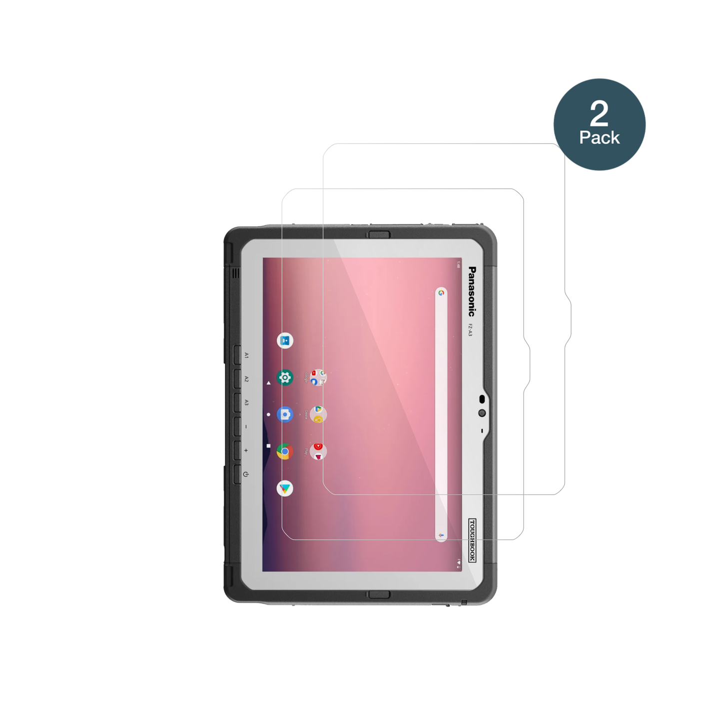 PanasonicToughpad FZ-A3 mit aufgebrachter dipos Flex Schutzfolie, glasklare Darstellung ohne Einschränkungen