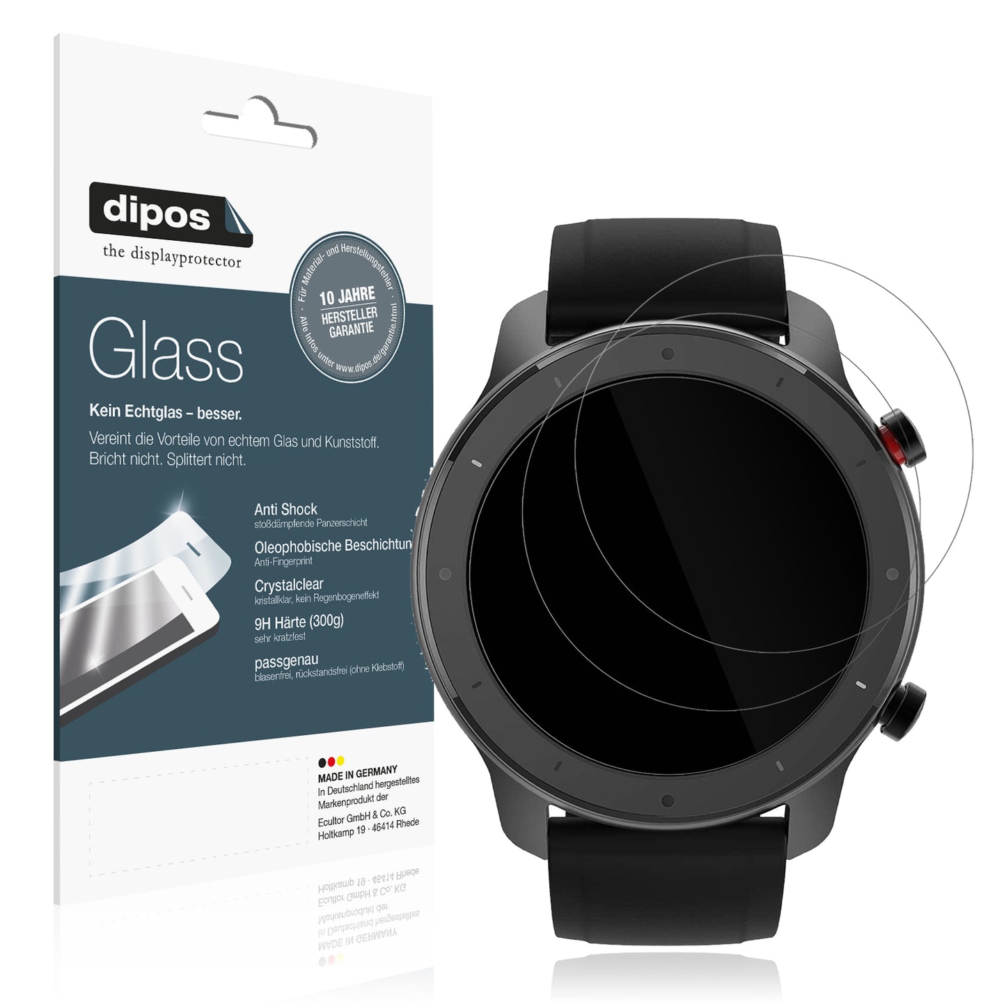Klare Displayschutzfolie von dipos passend für 47mm Durchmesser Uhr, 9H kratzfest und blasenfrei montiert