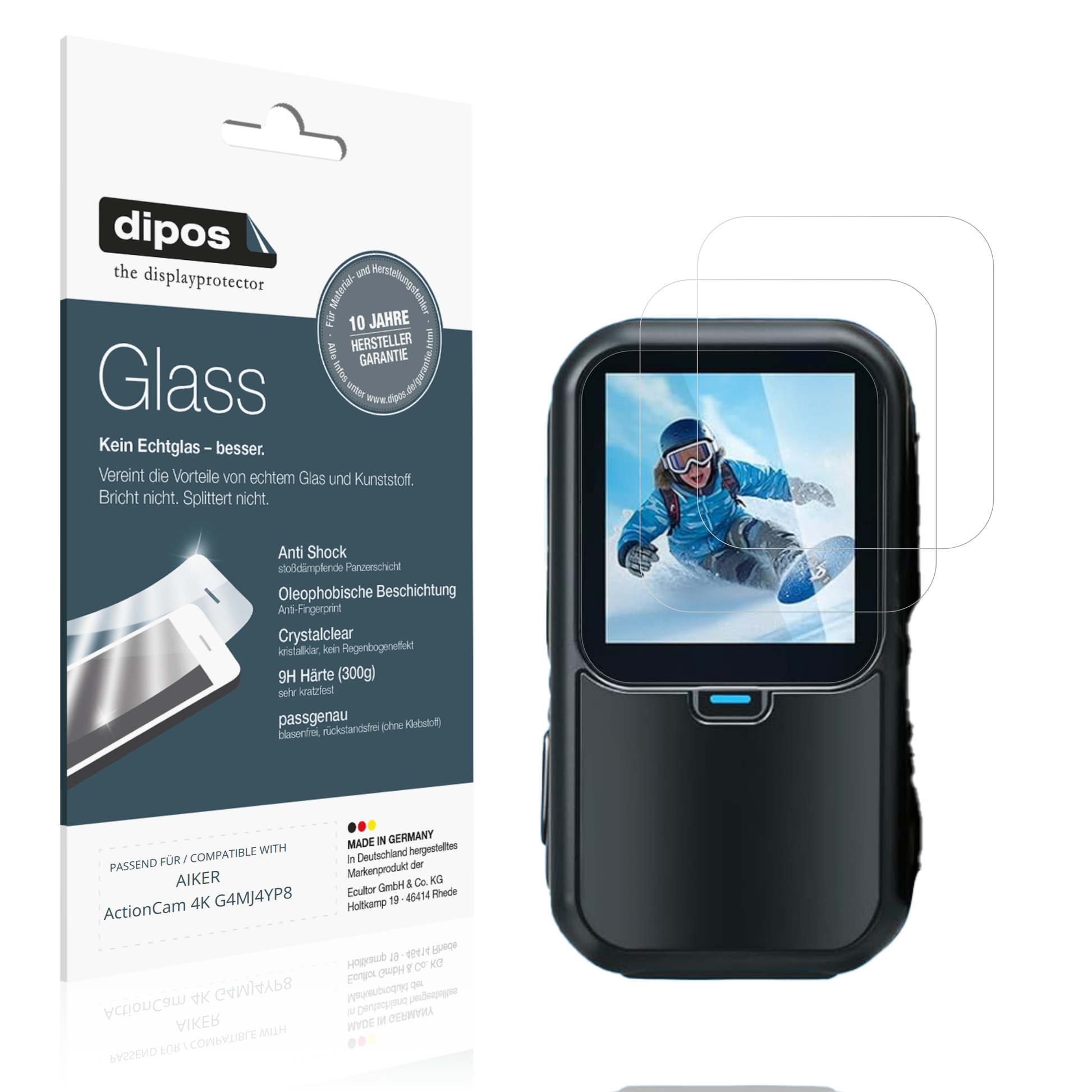 Klare Displayschutzfolie von dipos passend für AIKER ActionCam 4K G4MJ4YP8, 9H kratzfest und blasenfrei montiert
