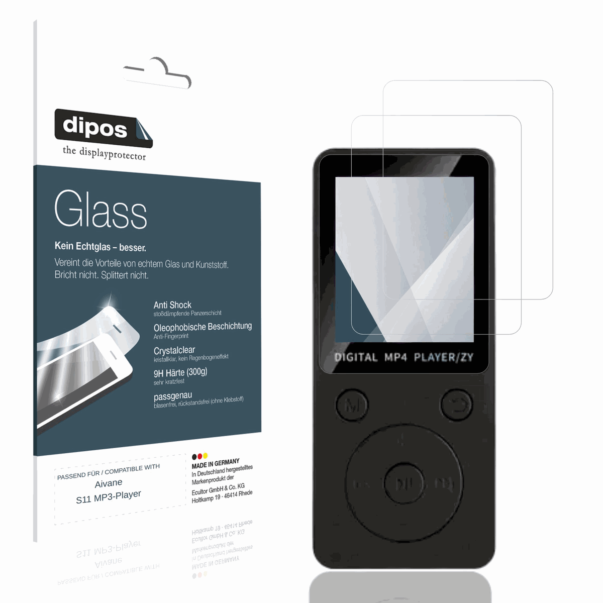 Klare Displayschutzfolie von dipos passend für Aivane S11 MP3-Player, 9H kratzfest und blasenfrei montiert