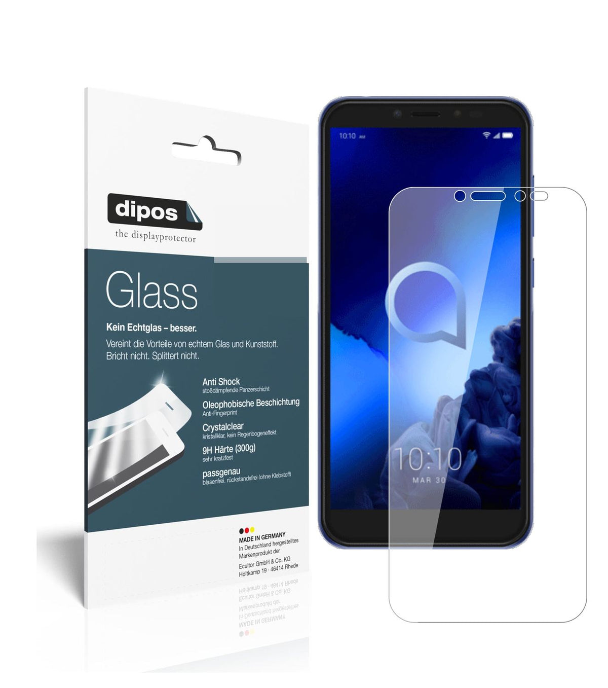 Klare Displayschutzfolie von dipos passend für Alcatel 1S, 9H kratzfest und blasenfrei montiert