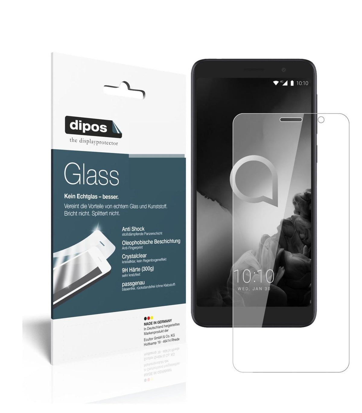 Klare Displayschutzfolie von dipos passend für Alcatel 1X (2019), 9H kratzfest und blasenfrei montiert