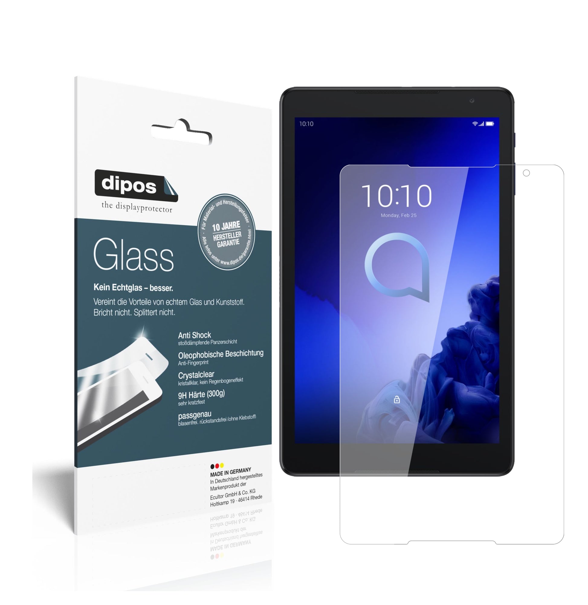 Klare Displayschutzfolie von dipos passend für Alcatel 3T 10 Zoll, 9H kratzfest und blasenfrei montiert
