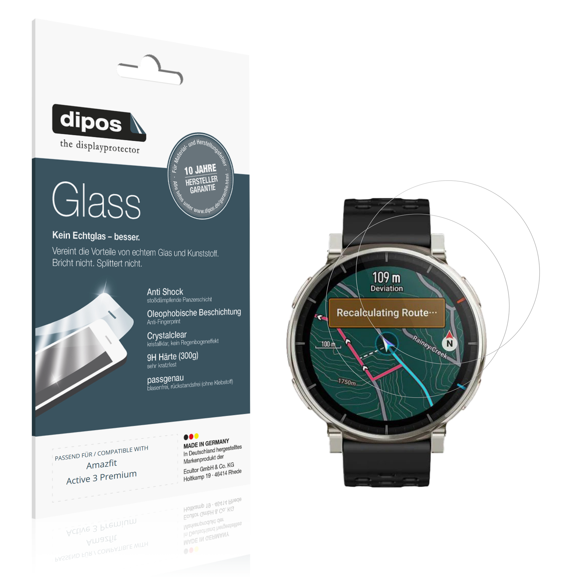 Klare Displayschutzfolie von dipos passend für Amazfit Active 3 Premium, 9H kratzfest und blasenfrei montiert