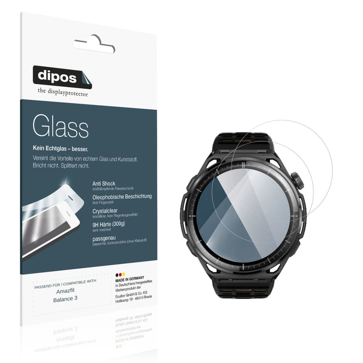 Klare Displayschutzfolie von dipos passend für Amazfit Balance 3, 9H kratzfest und blasenfrei montiert