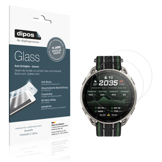 Klare Displayschutzfolie von dipos passend für Amazfit Cheetah 2 Ultra, 9H kratzfest und blasenfrei montiert