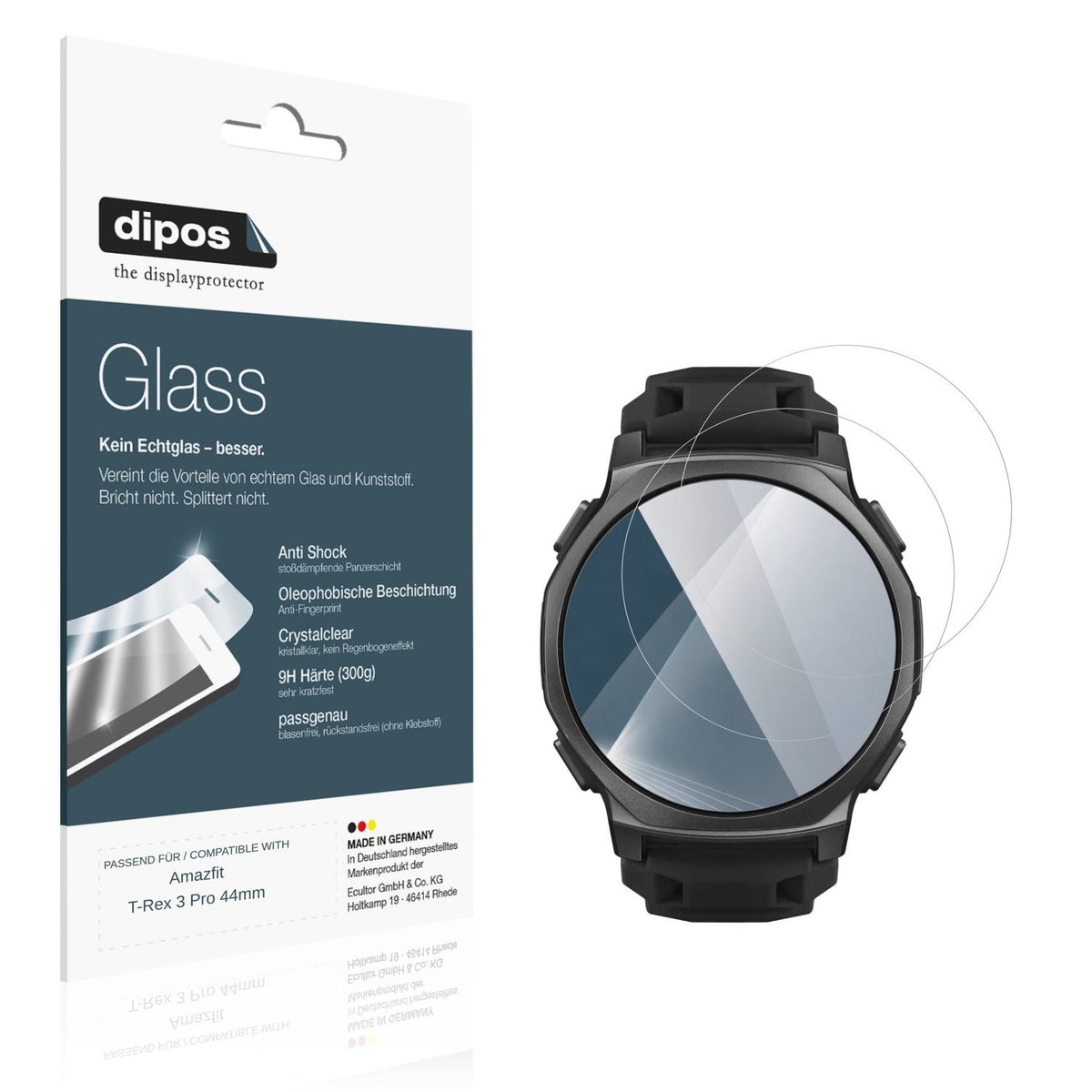 Klare Displayschutzfolie von dipos passend für Amazfit T-Rex 3 Pro 44mm, 9H kratzfest und blasenfrei montiert