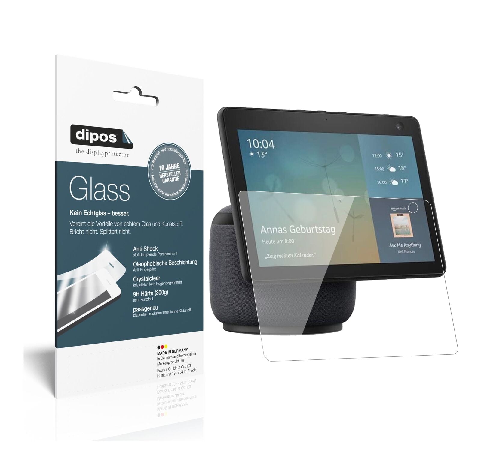 Klare Displayschutzfolie von dipos passend für Amazon Echo Show 10 (3. Generation), 9H kratzfest und blasenfrei montiert
