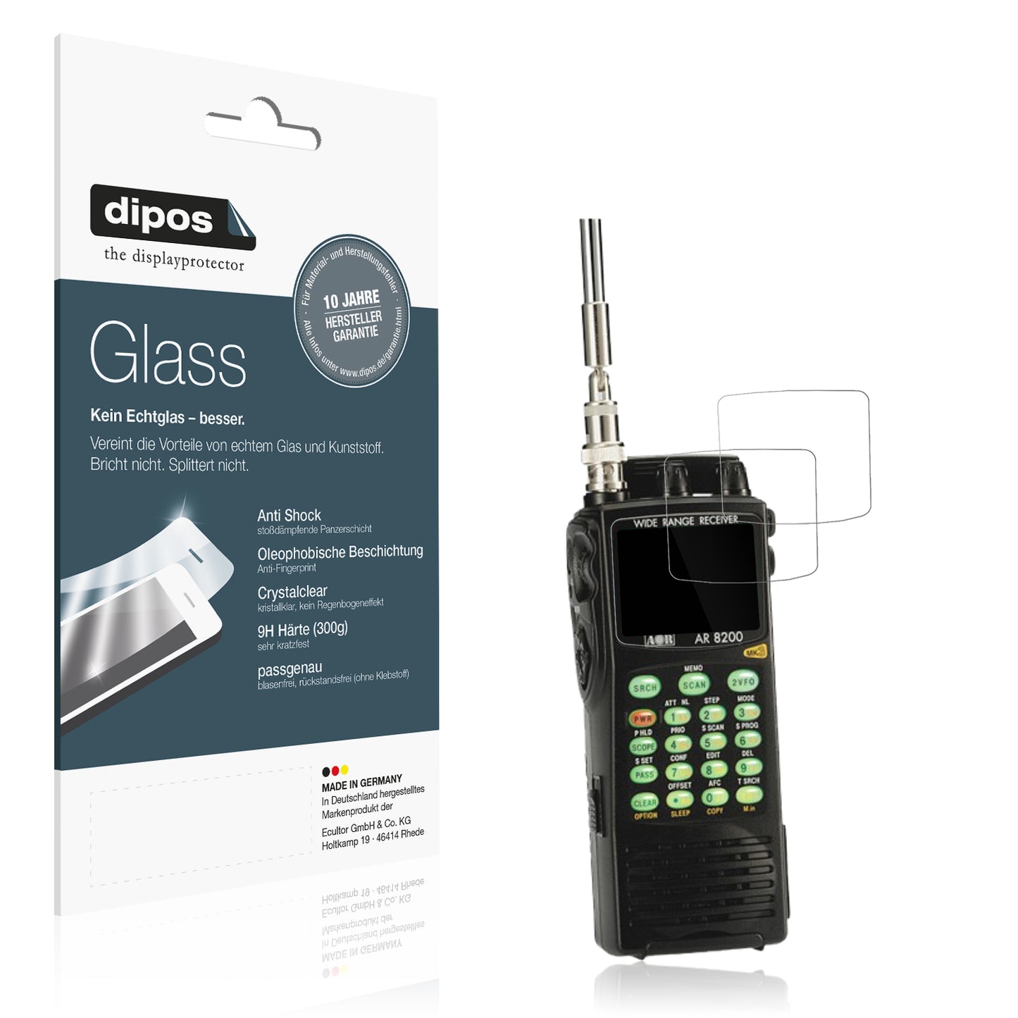 Klare Displayschutzfolie von dipos passend für Aor AR-8200, 9H kratzfest und blasenfrei montiert