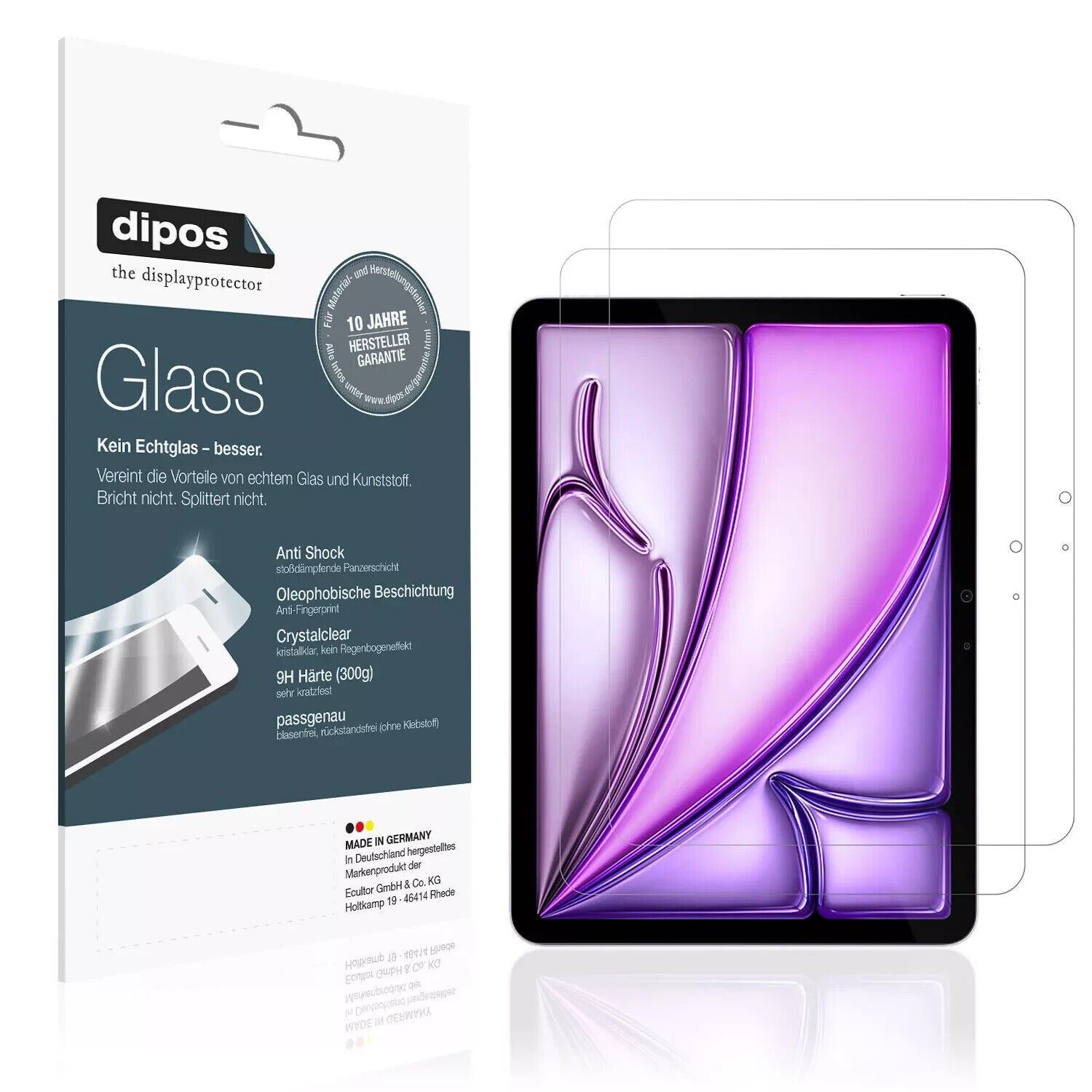 Klare Displayschutzfolie von dipos passend für Apple iPad Air M2 11 Zoll, 9H kratzfest und blasenfrei montiert