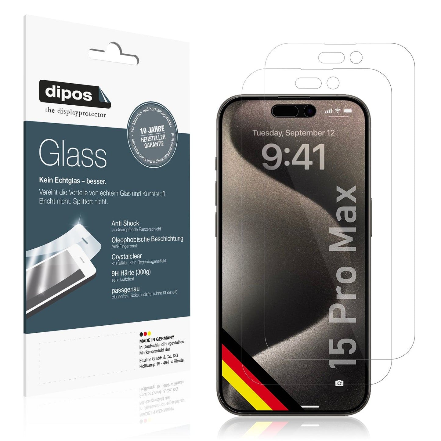 Klare Displayschutzfolie von dipos passend für Apple iPhone 15 Pro Max, 9H kratzfest und blasenfrei montiert