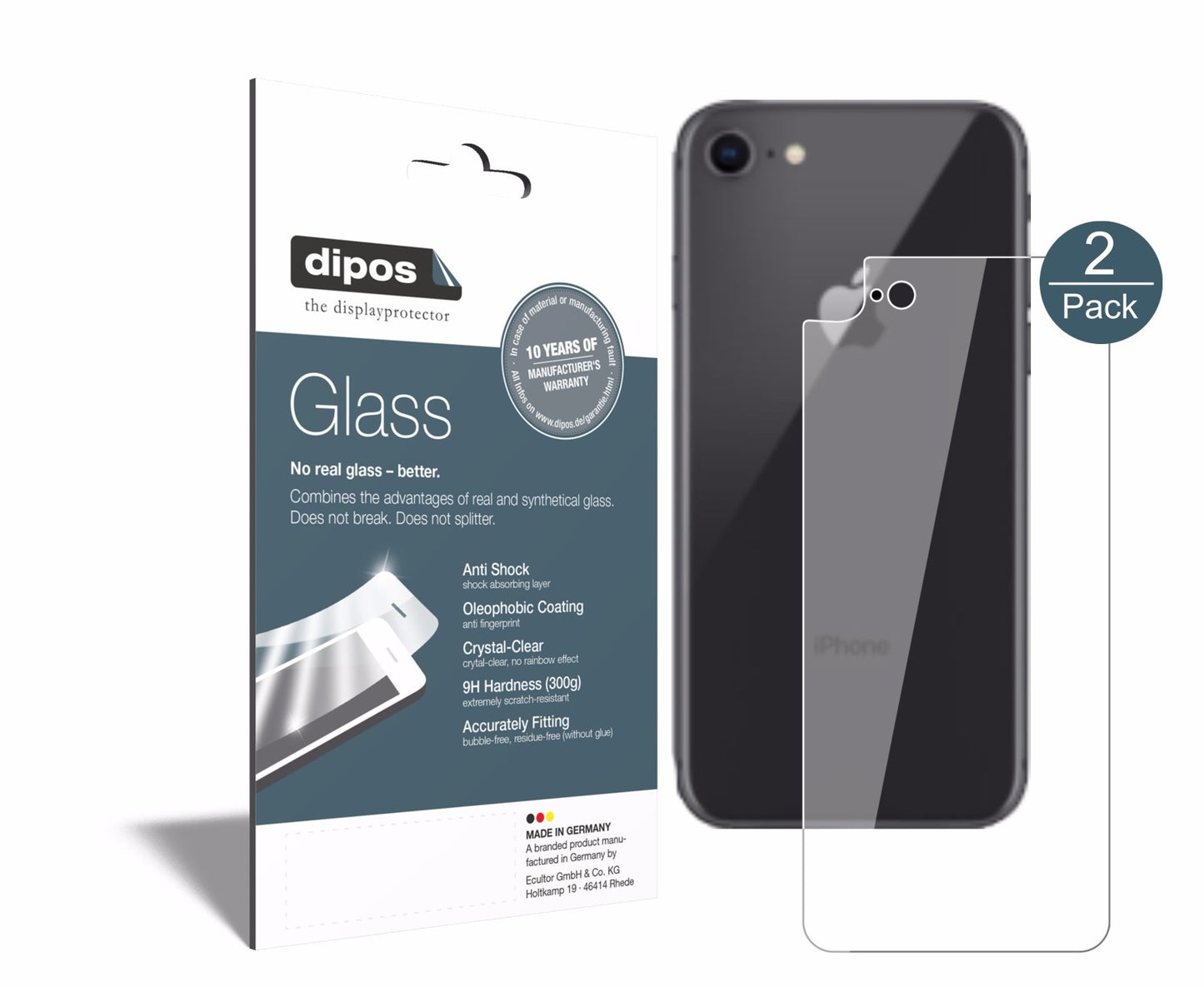 Klare Displayschutzfolie von dipos passend für Apple iPhone 8 Rückseite, 9H kratzfest und blasenfrei montiert