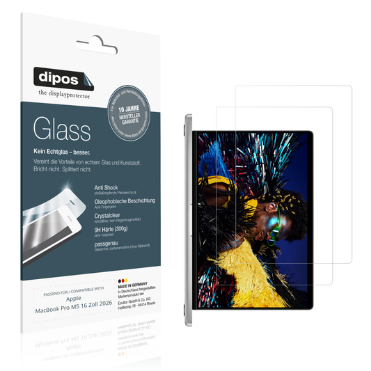 Klare Displayschutzfolie von dipos passend für Apple MacBook Pro M5 16 Zoll 2026, 9H kratzfest und blasenfrei montiert
