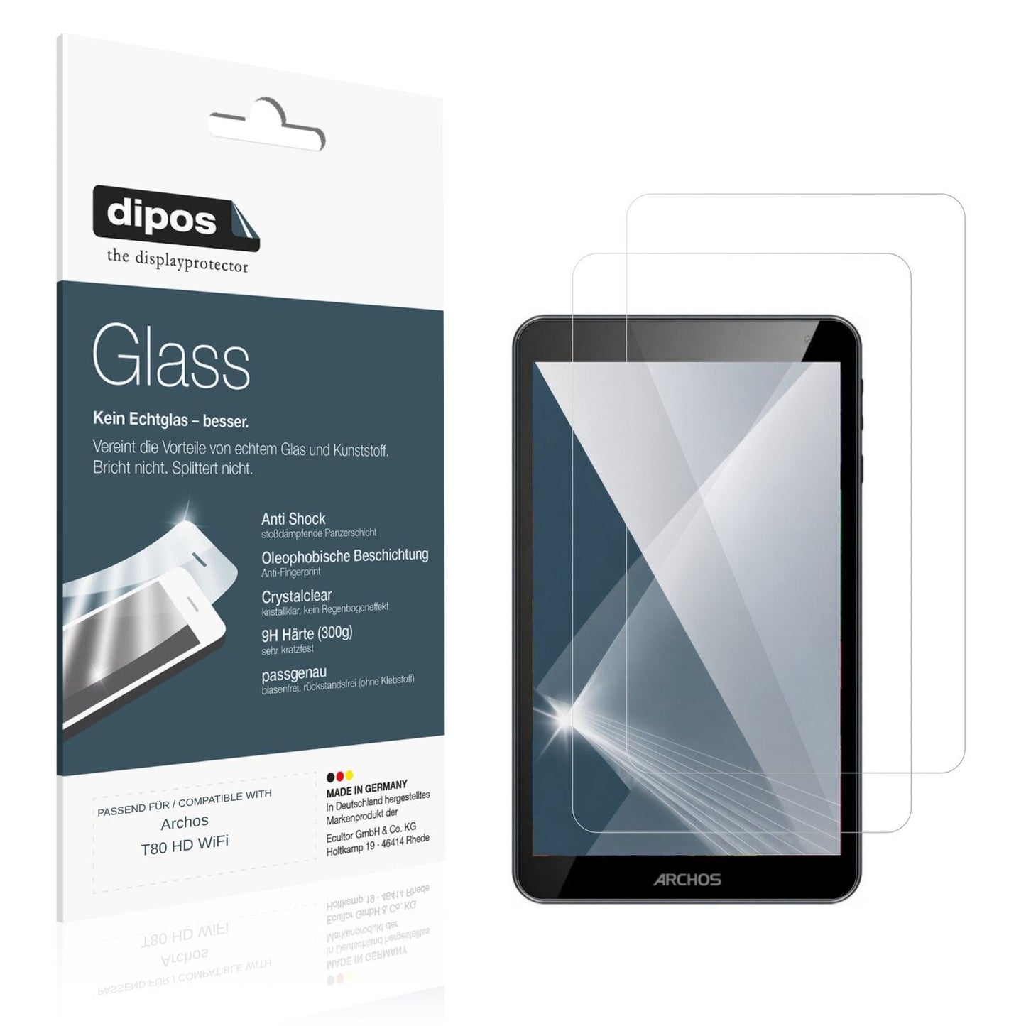 Klare Displayschutzfolie von dipos passend für Archos T80 HD WiFi, 9H kratzfest und blasenfrei montiert