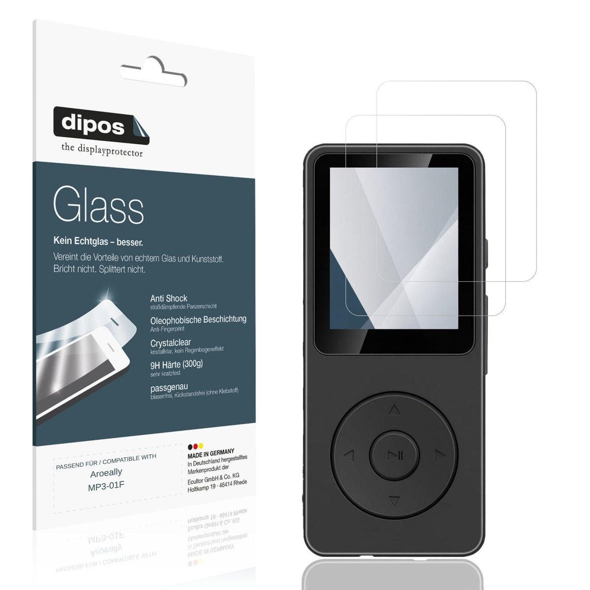 Klare Displayschutzfolie von dipos passend für Aroeally MP3-01F, 9H kratzfest und blasenfrei montiert