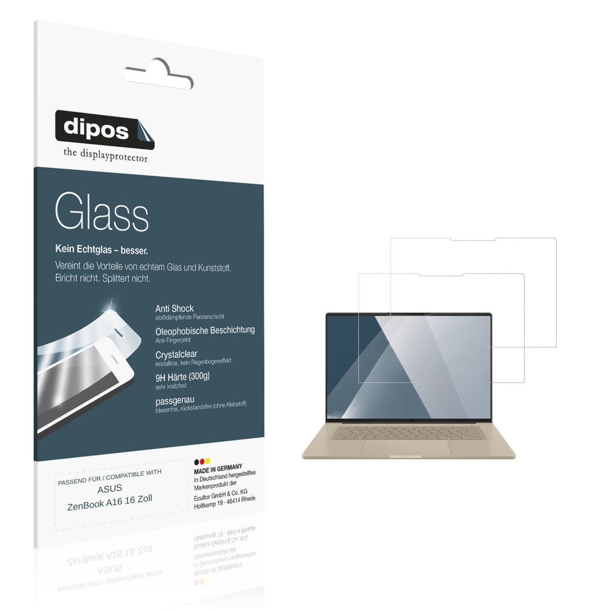 Klare Displayschutzfolie von dipos passend für ASUS ZenBook A16 16 Zoll, 9H kratzfest und blasenfrei montiert
