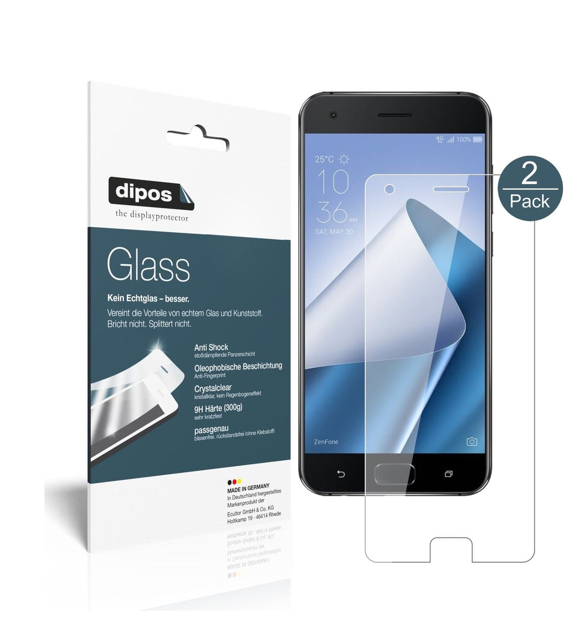 Klare Displayschutzfolie von dipos passend für Asus ZenFone 4 Pro ZS551KL, 9H kratzfest und blasenfrei montiert