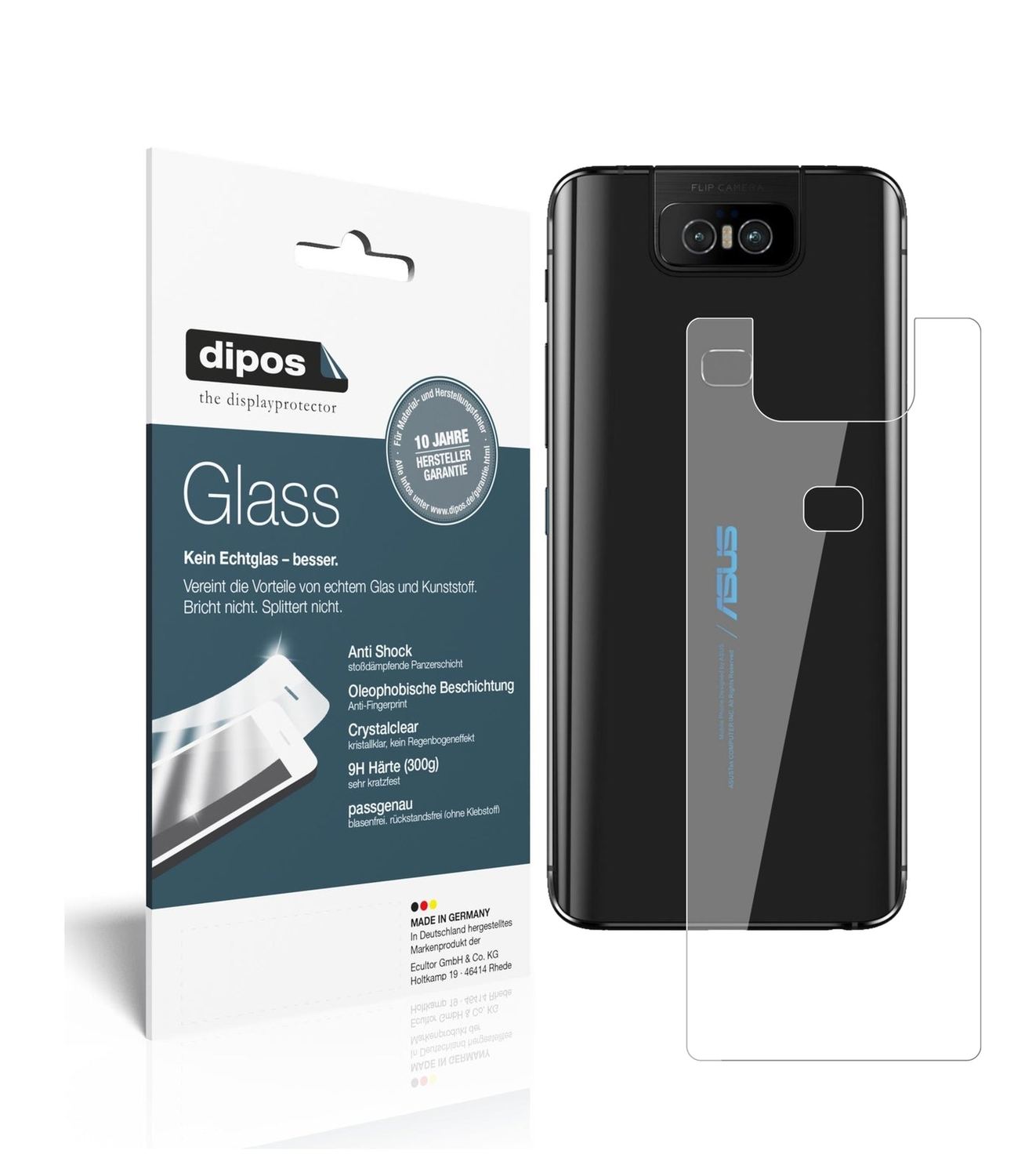Klare Displayschutzfolie von dipos passend für Asus Zenfone 6 (ZS630KL) Rückseite, 9H kratzfest und blasenfrei montiert