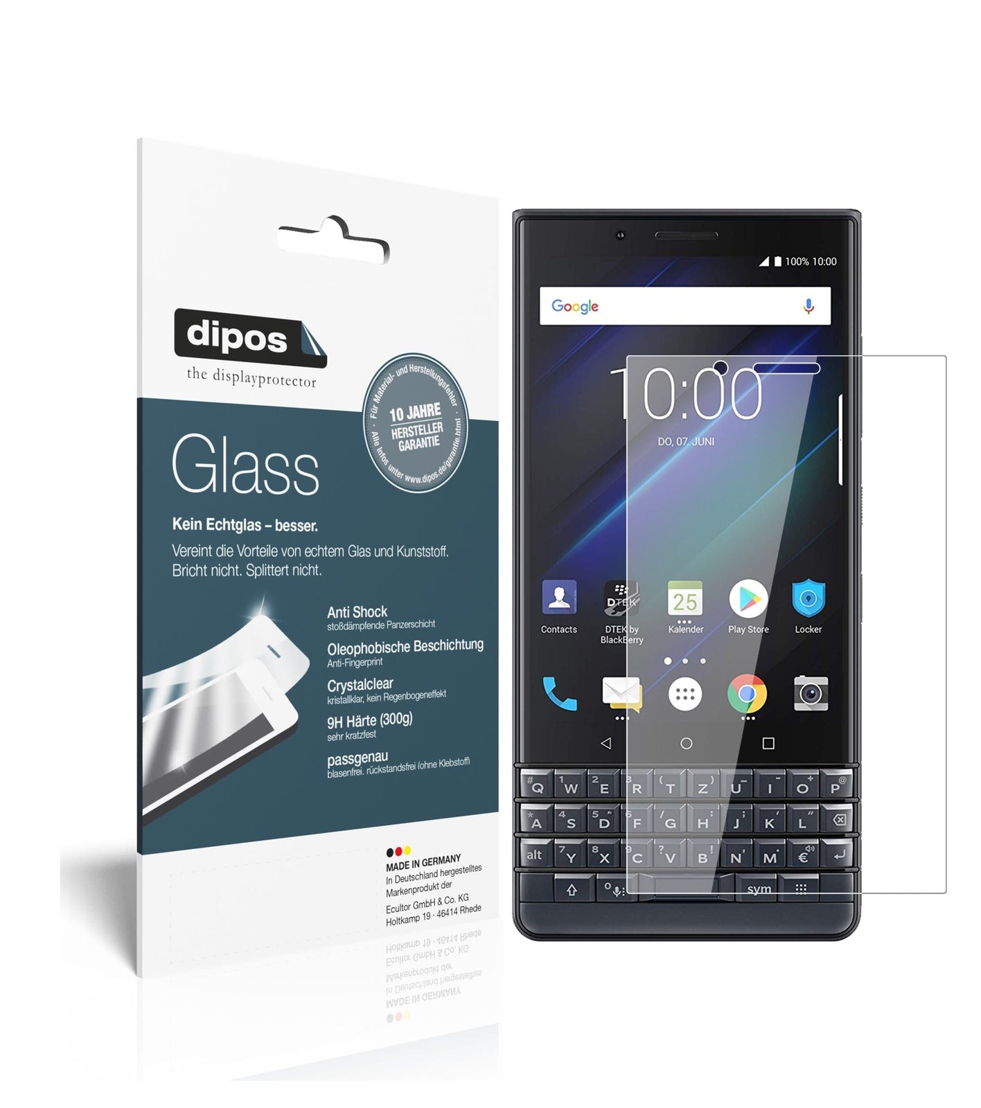 Klare Displayschutzfolie von dipos passend für Blackberry Key 2 LE, 9H kratzfest und blasenfrei montiert
