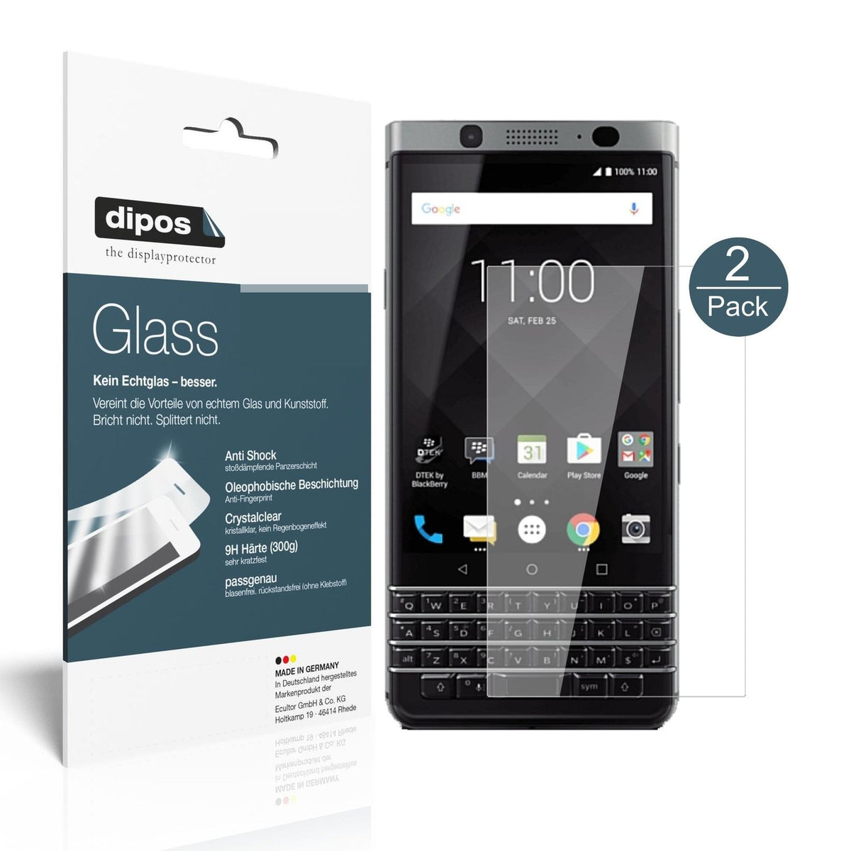 Klare Displayschutzfolie von dipos passend für Blackberry KeyOne, 9H kratzfest und blasenfrei montiert