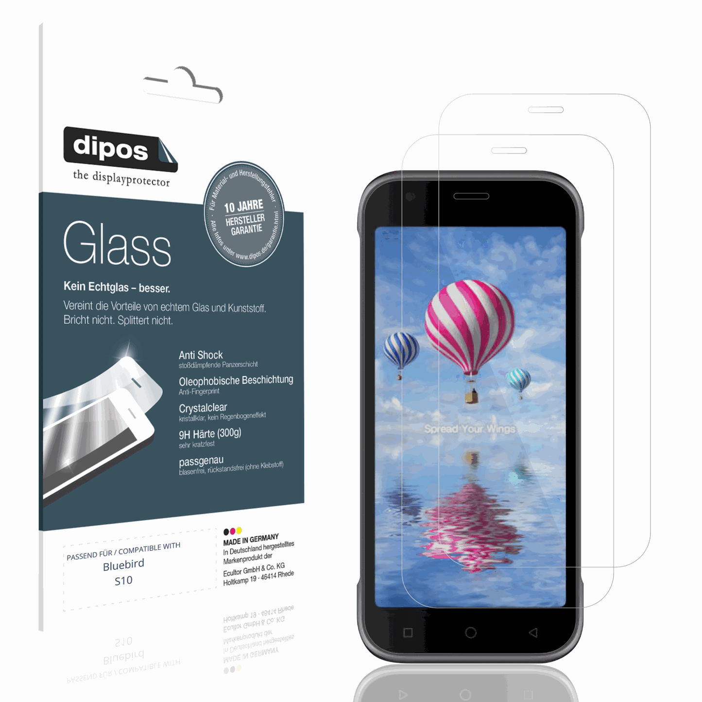 Klare Displayschutzfolie von dipos passend für Bluebird S10, 9H kratzfest und blasenfrei montiert