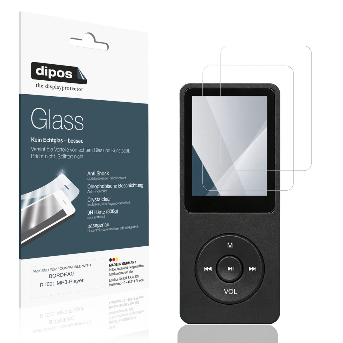 Klare Displayschutzfolie von dipos passend für BORDEAG RT001 MP3-Player, 9H kratzfest und blasenfrei montiert