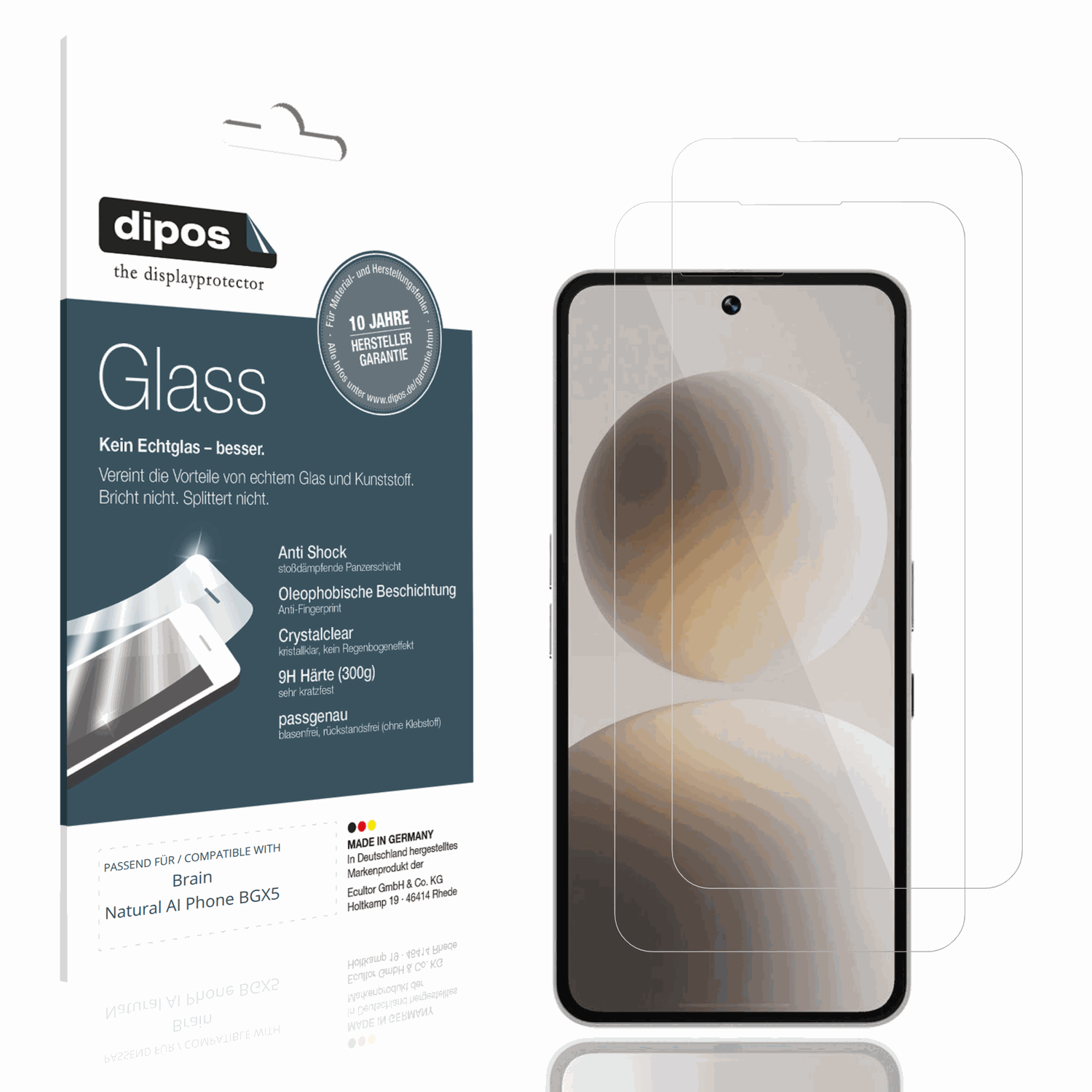 Klare Displayschutzfolie von dipos passend für Brain Natural AI Phone BGX5, 9H kratzfest und blasenfrei montiert