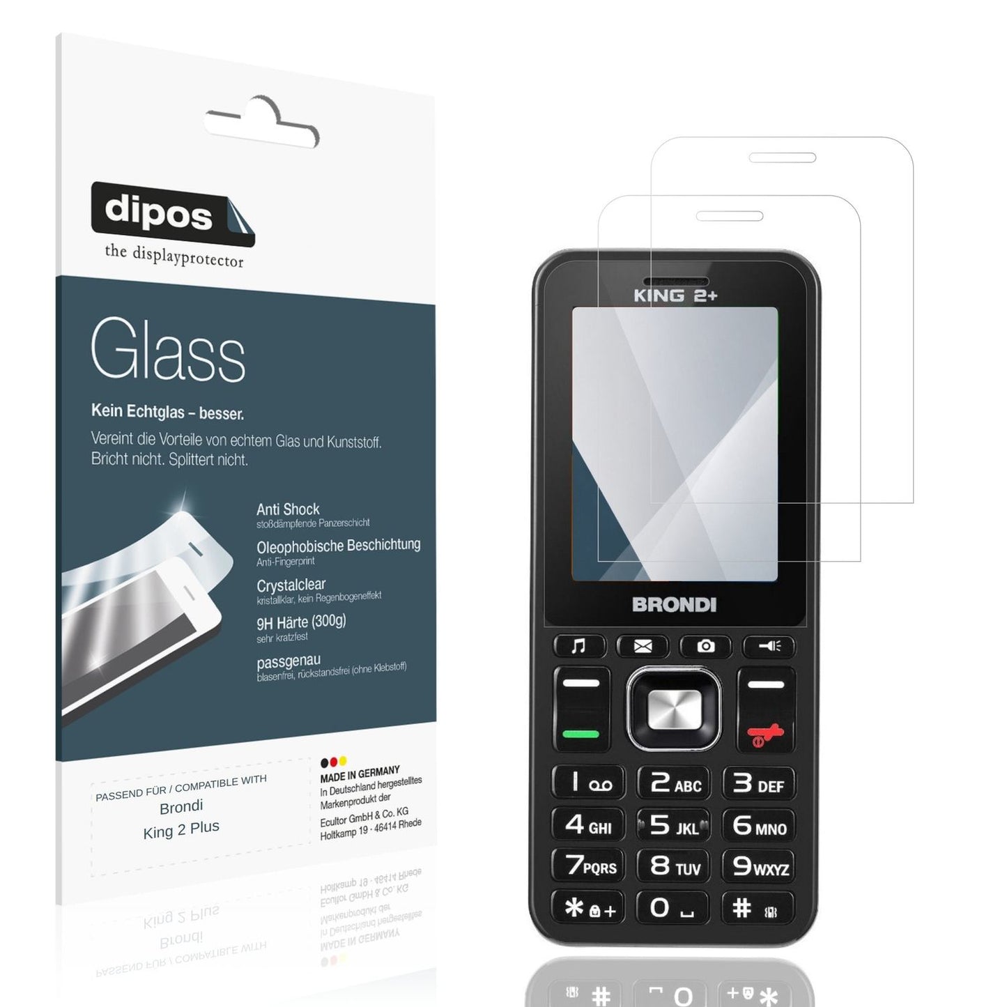 Klare Displayschutzfolie von dipos passend für Brondi King 2 Plus, 9H kratzfest und blasenfrei montiert