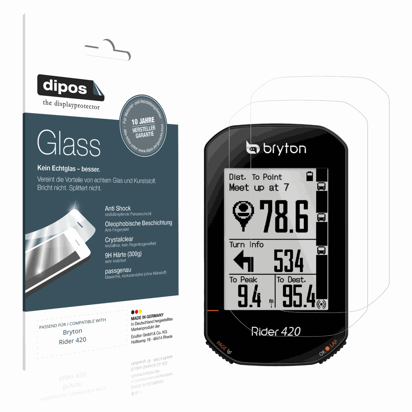 Klare Displayschutzfolie von dipos passend für Bryton Rider 420, 9H kratzfest und blasenfrei montiert
