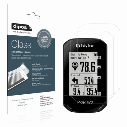 Klare Displayschutzfolie von dipos passend für Bryton Rider 420, 9H kratzfest und blasenfrei montiert