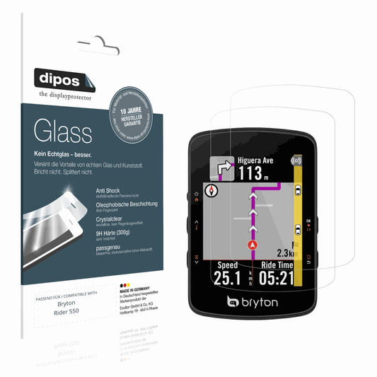 Klare Displayschutzfolie von dipos passend für Bryton Rider 550, 9H kratzfest und blasenfrei montiert
