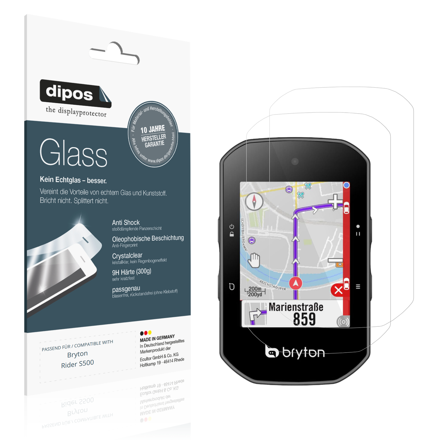 Klare Displayschutzfolie von dipos passend für Bryton Rider S500, 9H kratzfest und blasenfrei montiert