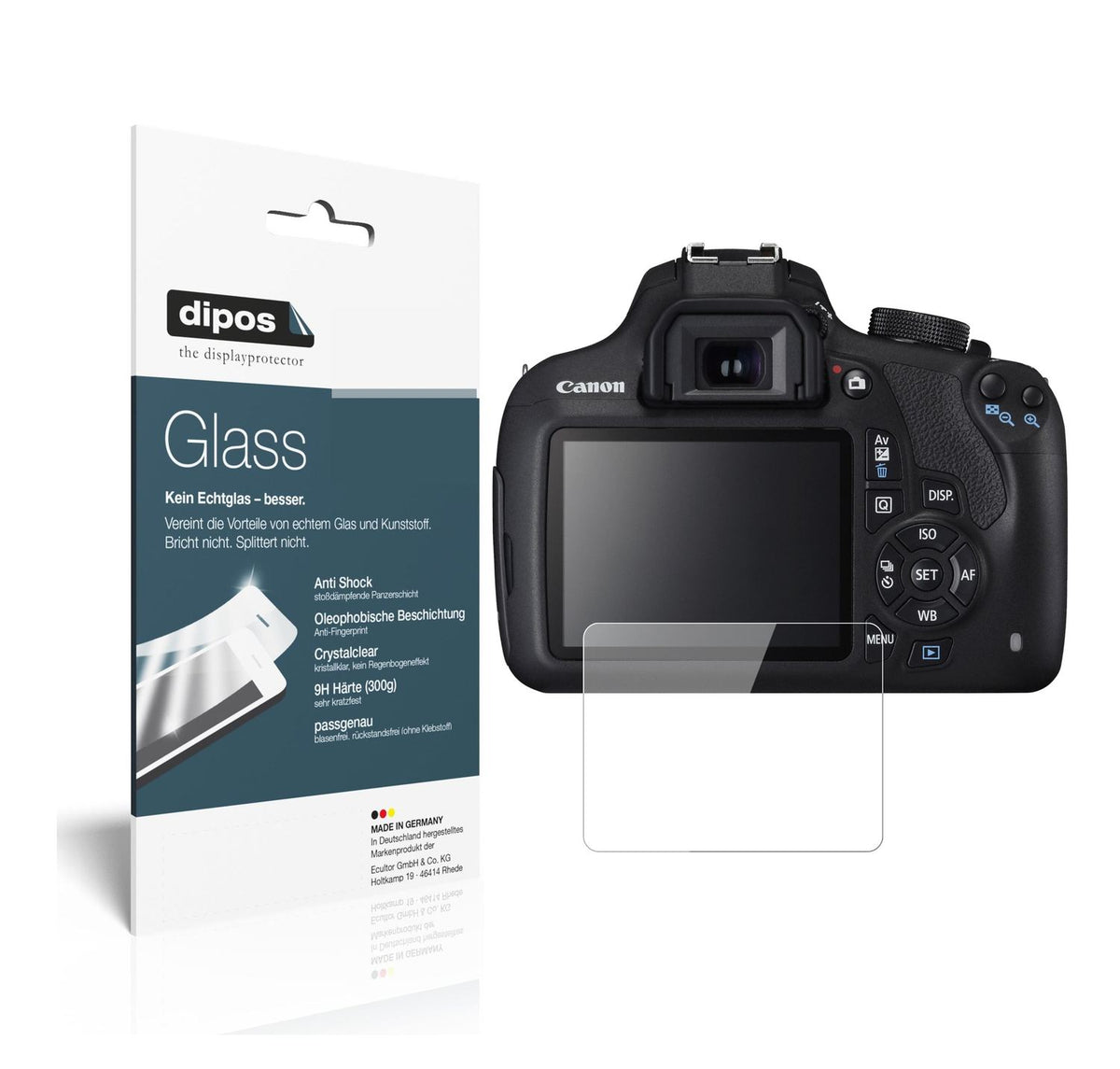Klare Displayschutzfolie von dipos passend für Canon EOS 1200D, 9H kratzfest und blasenfrei montiert